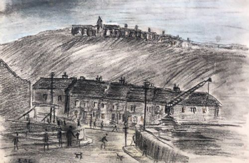 Ls Lowry, Attributed & Signed 1934 Original Charcoal Sketch Drawing Huddersfield Houses Industrial Street Landscape
