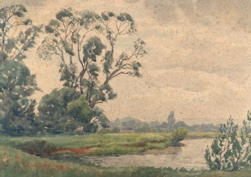 Indistinctly Signed Original Vintage Watercolour Painting Surrey River English Landscape Embossed David Cox Paper
