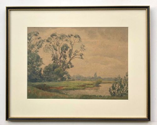 fig 1. Indistinctly Signed Original Vintage Watercolour Painting Surrey River English Landscape Embossed David Cox paper