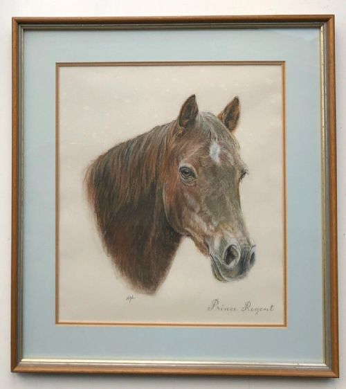 fig 1. Original indistinctly signed mid 20th Century Vintage Pastel Horse Portrait study inscribed Prince Regent