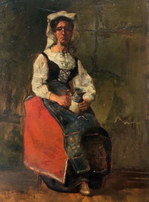 fig 1. 19th Century Antique French School Original Oil Painting on Canvas Portrait of a Seated Breton Lady