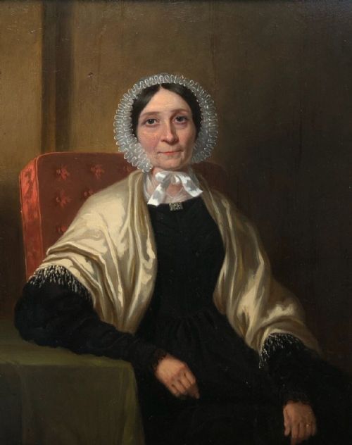 Original 19th Century English Antique Oil Painting on Panel Portrait of a Victorian Lady in a Black Dress with a Shawl in Decorative Gilt Frame