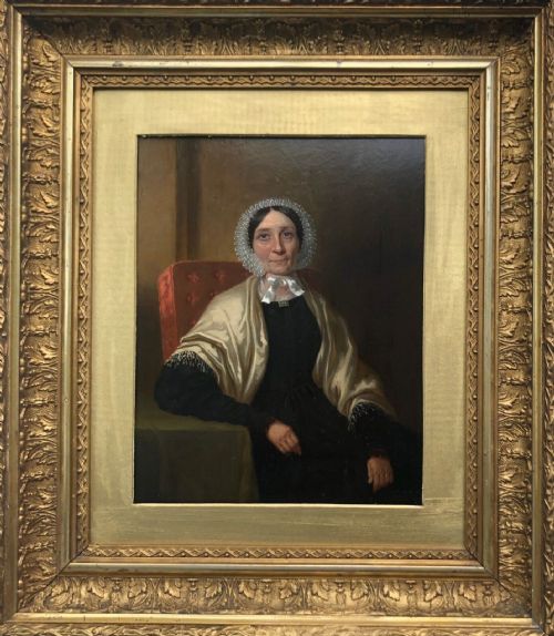 fig 1. Original 19th Century English Antique Oil Painting on Panel Portrait of a Victorian Lady in a Black Dress with a Shawl in Decorative Gilt Frame