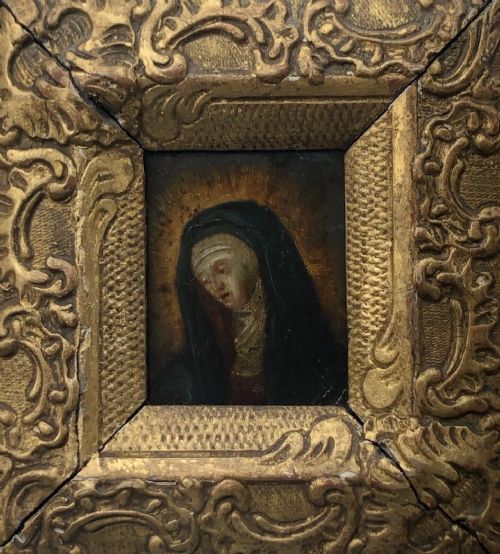 After Louis De Morales 1509-1586 Spanish Portrait of Mary Oil Painting on Copper Panel Religious Icon