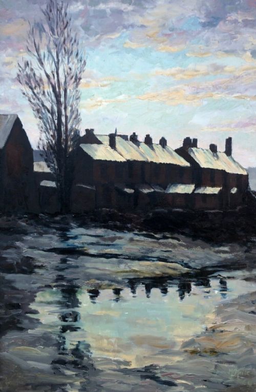 Indistinctly Signed and Dated 1964 Original Vintage Northern Art Oil Painting on Canvas Snow Covered Empty Buildings at Dusk Landscape