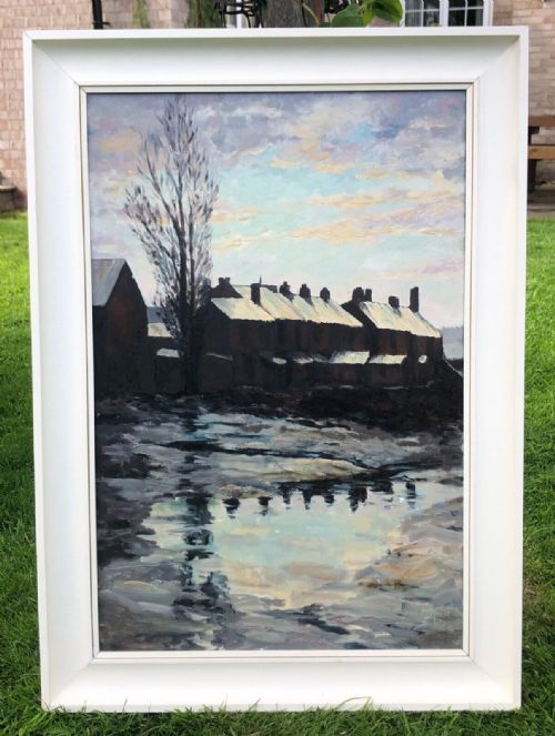 fig 1. Indistinctly Signed and Dated 1964 Original Vintage Northern Art Oil Painting on Canvas Snow Covered Empty Buildings at Dusk Landscape