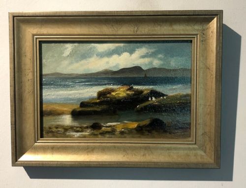 Original Late 19th Century Antique Oil Painting on Board Coastal Mountain Landscape Seascape