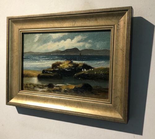 fig 1. Original Late 19th Century Antique Oil Painting on Board Coastal Mountain Landscape Seascape