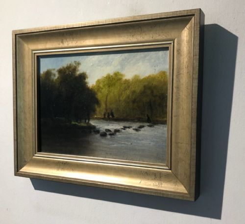 fig 1. Original Late 19th Century Antique English Oil Painting on Board River Stepping Stones Trees & Figures Landscape