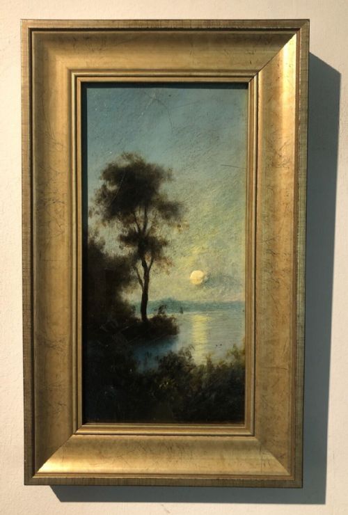 Original Late 19th Century Antique Oil Painting on Board Moonlight Lake & Tree Landscape