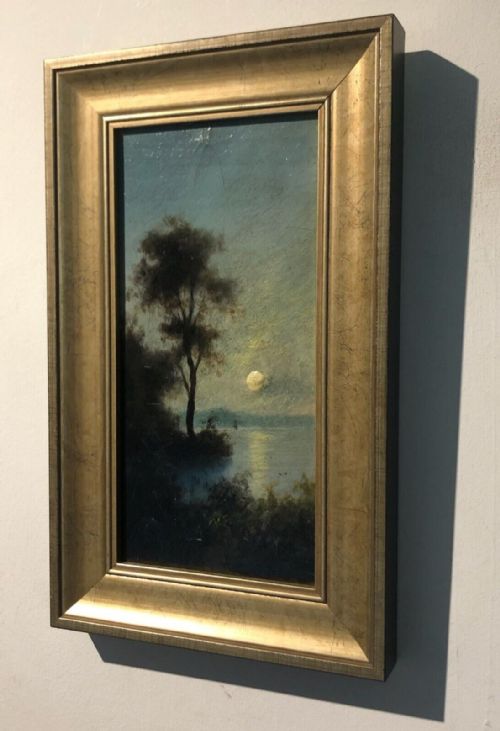 fig 1. Original Late 19th Century Antique Oil Painting on Board Moonlight Lake & Tree Landscape