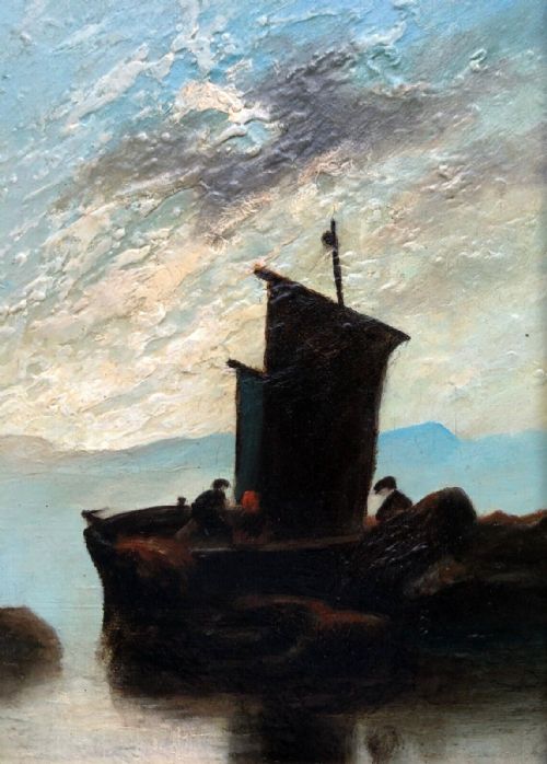 Original Late 19th Century Antique Oil Painting on Wood Panel Boat at Low Tide with Figures Seascape