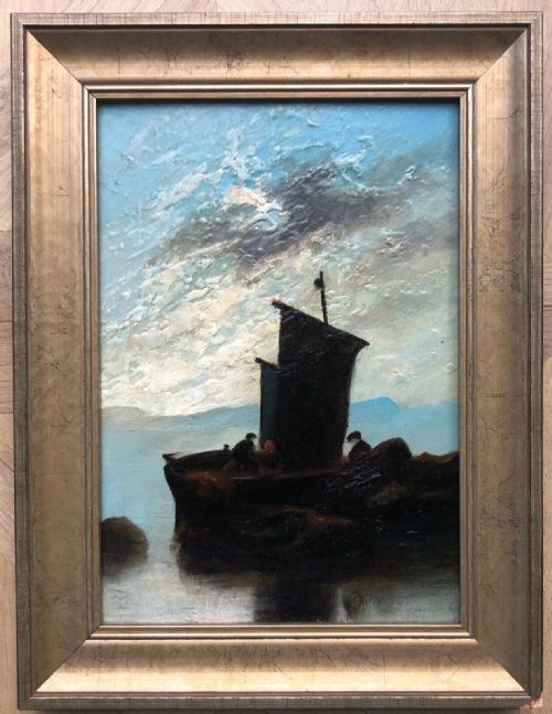 fig 1. Original late 19th Century Antique Oil Painting on Wood Panel Boat at Low Tide with Figures Seascape