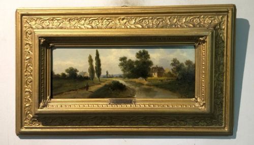 Original 19th Century Antique Oil Painting on Wood Panel Signed and Titled a Bossi, Female Figure by a River English Country Landscape