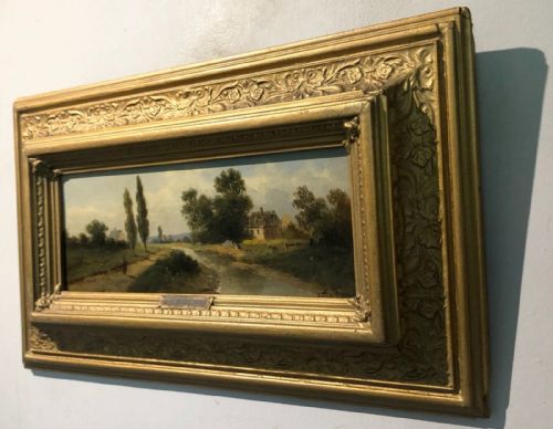 fig 1. Original 19th Century Antique Oil Painting on Wood Panel Signed and Titled A Bossi, Female Figure by a River English Country Landscape