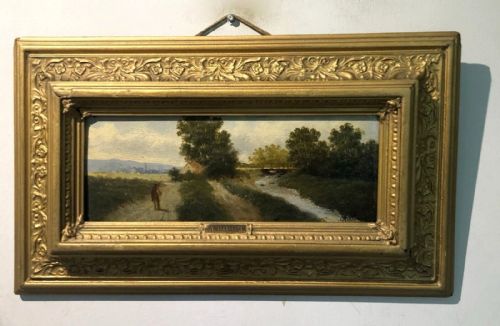 Original 19th Century Antique Oil Painting on Wood Panel Titled & Signed a Bossi, Male Figure by River Country Landscape