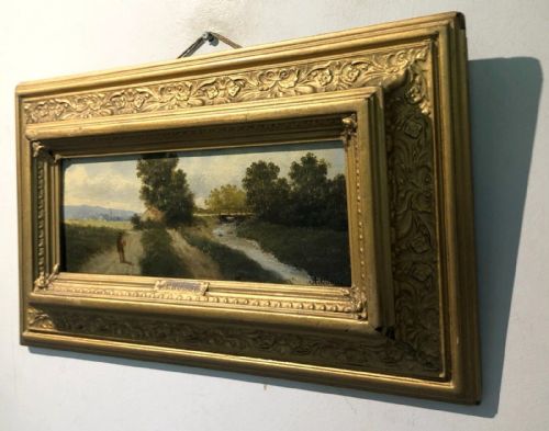 fig 1. Original 19th Century Antique Oil Painting on Wood Panel Titled & Signed A Bossi, Male Figure by River Country Landscape