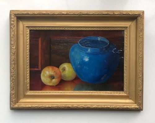 Original Late 19th Century Antique Oil Painting on Canvas Laid on Board, Still Life Blue Glazed Jar & Apples Presented in a Gilt Frame