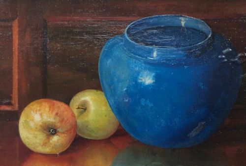 fig 1. Original Late 19th Century Antique Oil Painting on Canvas Laid on Board, Still life Blue Glazed Jar & Apples Presented in a Gilt Frame