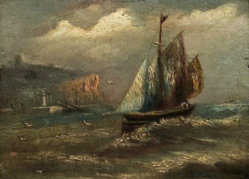 Original Antique English Oil Painting on Canvas Masted Ship in Rough Sea Outside Scarborough Harbour Yorkshire Seascape