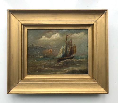 fig 1. Original Antique English Oil Painting on Canvas Masted Ship in Rough Sea Outside Scarborough Harbour Yorkshire Seascape