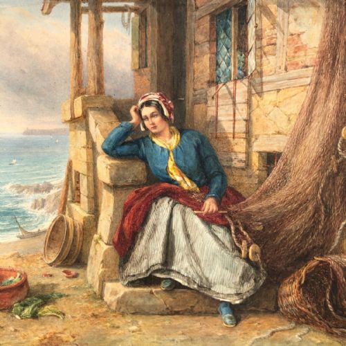 Fanny Blake 1863 Signed Original English Antique Watercolour Painting Portrait of Fisher Woman Mending the Nets