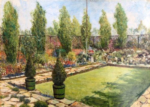 John Falconer Slater Signed, Original Early 20th Century Antique Oil Painting on Board Cottage Garden & Lawn