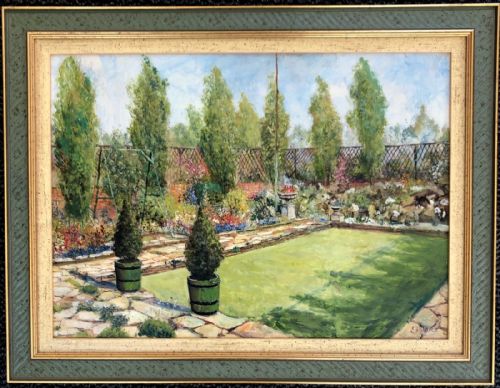 fig 1. John Falconer Slater Signed, Original early 20th Century Antique Oil Painting on Board Cottage Garden & Lawn