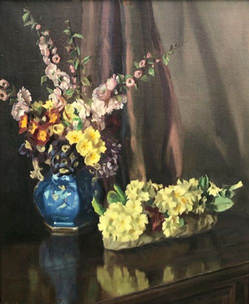 fig 1. Thomas Sherlock Evans 1947 Signed Original English Vintage Oil Painting on Canvas Still Life Study of Flowers on a Polished Table