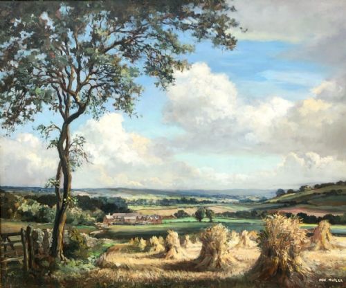 Max Hofler Signed Original Mid 20th Century Oil Painting on Board Extensive Landscape with Corn Stooks