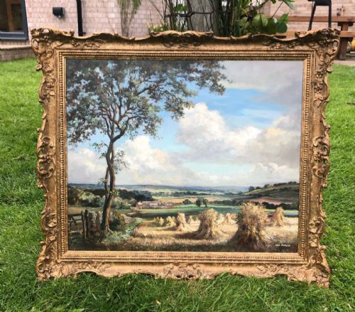 fig 1. Max Hofler Signed Original Mid 20th Century Oil Painting on Board Extensive Landscape with Corn Stooks