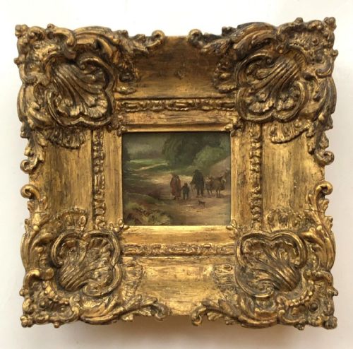 Intialled Dcw Original Late 19th Century Antique Oil Painting on Wood Panel Travellers on a County Path in Glazed Period Frame
