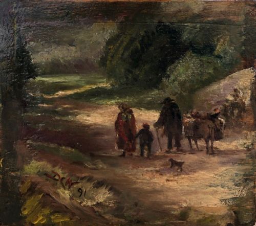 fig 1. Intialled DCW Original Late 19th Century Antique Oil Painting on Wood Panel Travellers on a County Path in Glazed Period Frame