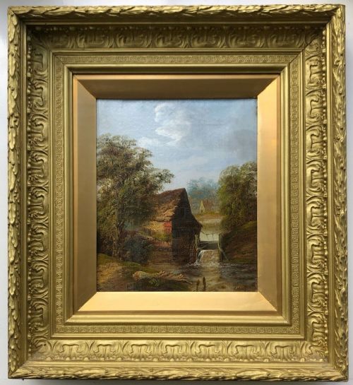 Charles Morris Signed 19th Century Original English Antique Oil Painting on Canvas Watermill Country Landscape