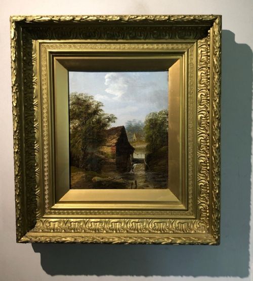 fig 1. Charles Morris Signed 19th Century Original English Antique Oil Painting on Canvas Watermill Country Landscape