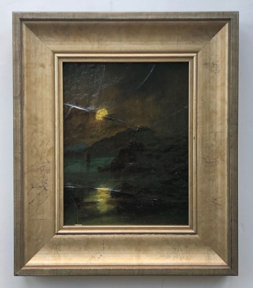Original Antique Oil Painting on Panel Moonlight Over Lake & Mountain Landscape