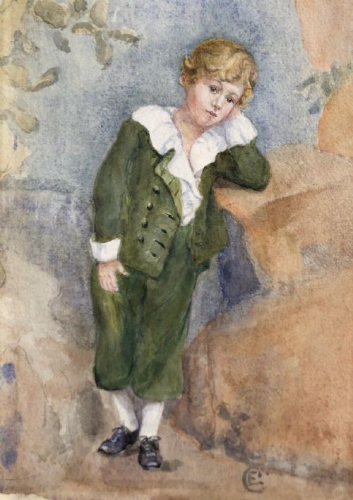 Original Antique Watercolour Painting, Portrait of Boy in Victorian Clothing