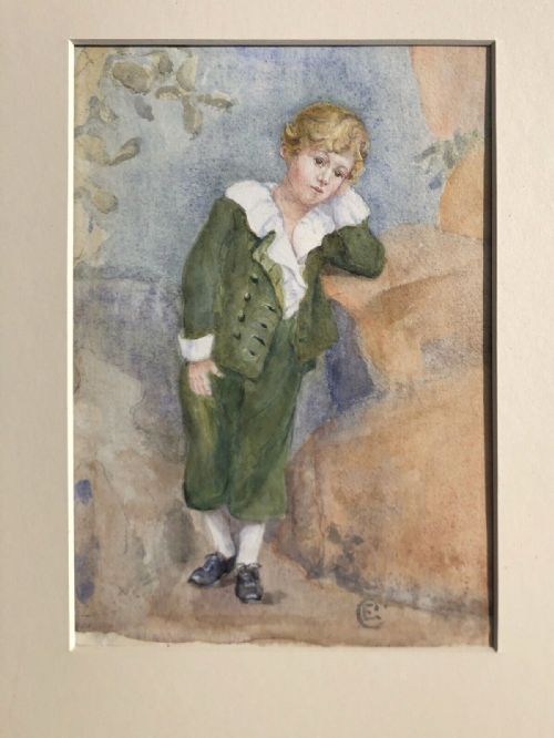 fig 1. Original Antique Watercolour Painting, Portrait of Boy in Victorian Clothing
