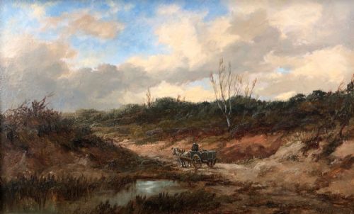 Rh Nibbs Signed Original 19th Century Antique Oil Painting on Wood Panel Bucklebury Berkshire, Cart in Heath Landscape