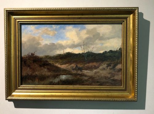 fig 1. RH Nibbs Signed Original 19th Century Antique Oil Painting on Wood Panel Bucklebury Berkshire, Cart in Heath Landscape
