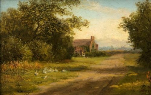 Signed Original 19th Century Antique English Oil Painting on Panel Country Landscape with Figures & Ducks Resting by a Lane