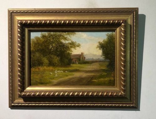 fig 1. Signed Original 19th Century Antique English Oil Painting on Panel Country Landscape with Figures & Ducks Resting by a Lane
