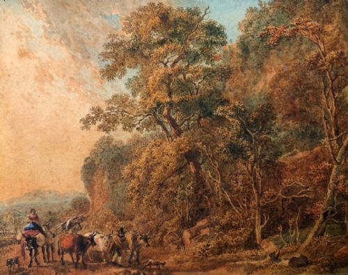 Follower of Nicolaes Berchem Original Early 19th Century Miniature Antique Watercolour Painting Wood Landscape with Figures in an Antique Gilt Frame