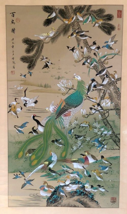 fig 1. Original Early 20th Century Antique Chinese Hanging Scroll Watercolour Painting Birds on Tree Branches Landscape Study