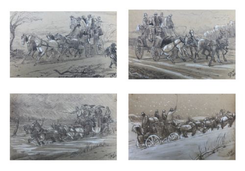 Manner of George Wright 4 Original 19th Century Antique Monogrammed 1883 Painting Pencil Sketch Studies, Coaching Drawback Scenes