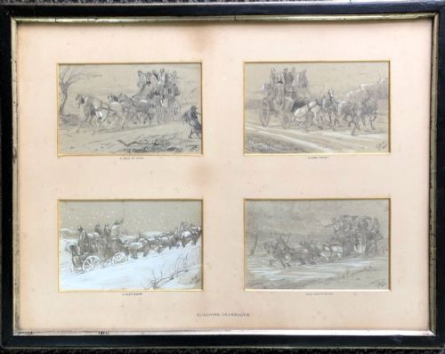 fig 1. Manner of George Wright 4 Original 19th Century Antique Monogrammed 1883 Painting Pencil Sketch Studies, Coaching Drawback Scenes