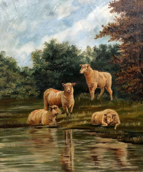 fig 1. Indistinctly Signed 1906 Original Early 20th Century Antique Oil Painting on Canvas Sheep by a River English Landscape
