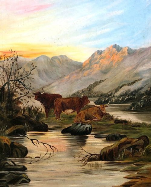 Indistinctly Signed 1906 Original Antique Oil Painting on Canvas Highland Cattle & Mountain Landscape