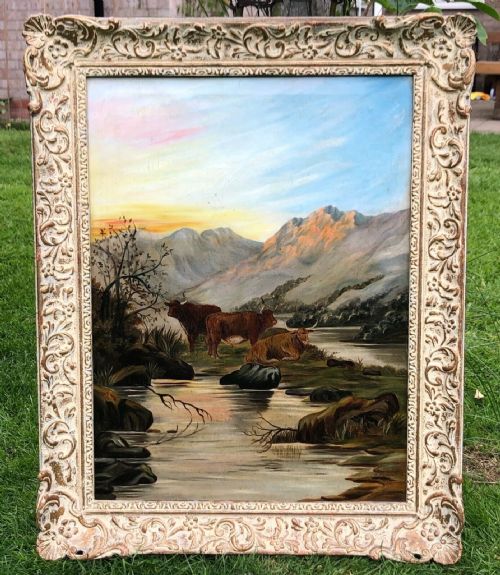 fig 1. Indistinctly Signed 1906 Original Antique Oil Painting on Canvas Highland Cattle & Mountain Landscape