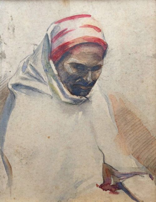 Polish School Original Circa 1920 Antique Watercolour Painting Portrait of Figure in Scarf